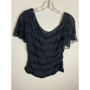 JKara New York Womens Top Black Size S Short Sleeve Beaded Pullover Blouse